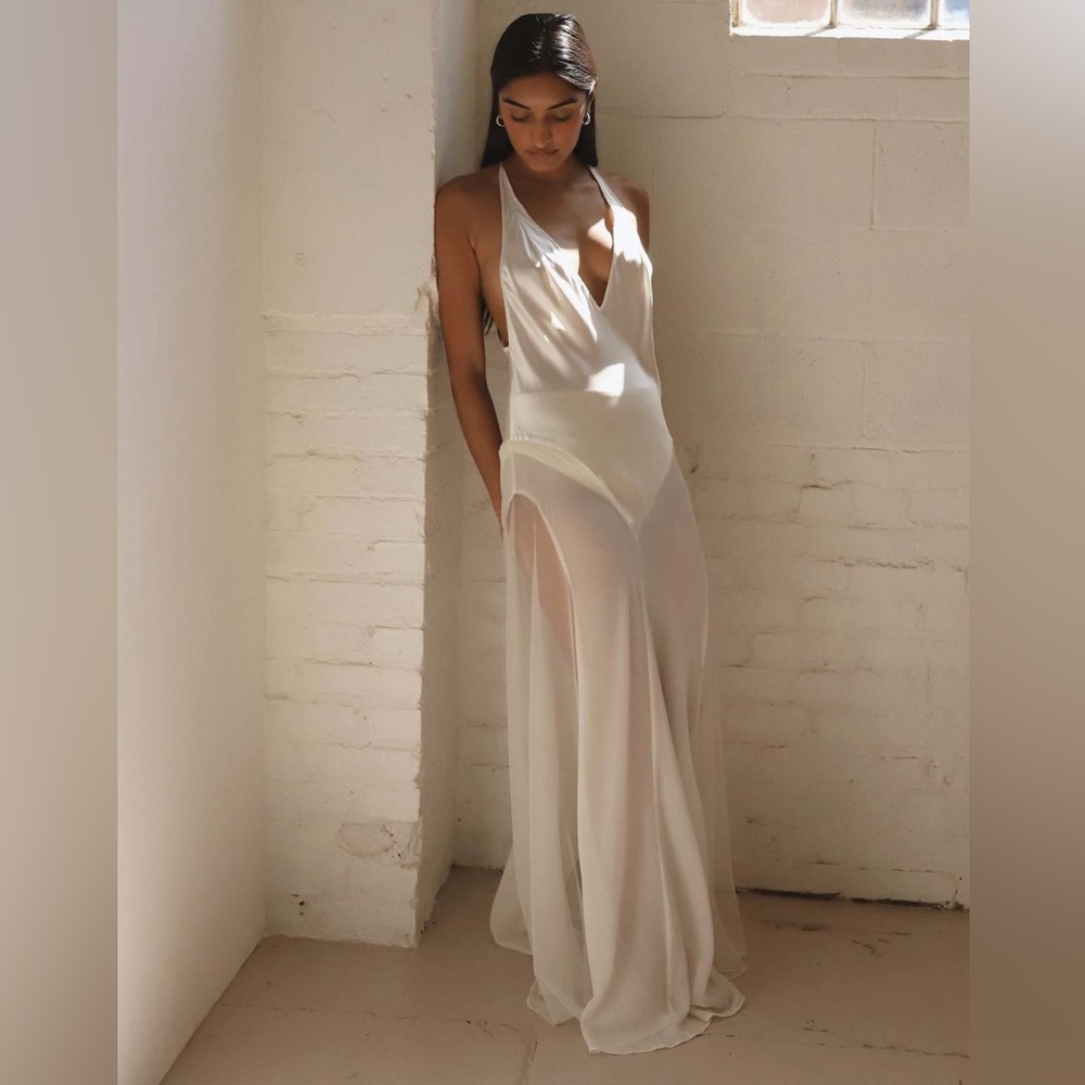 BLUE Victoria’s Secret Silk Slip Dress with Tulle Panels